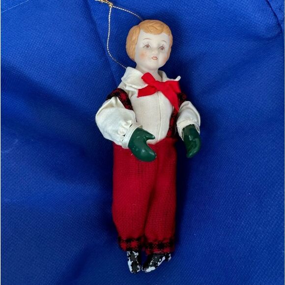 Vintage Porcelain Boy Doll Christmas Tree Ornament Hand Painted In Red Jumper - Picture 1 of 3